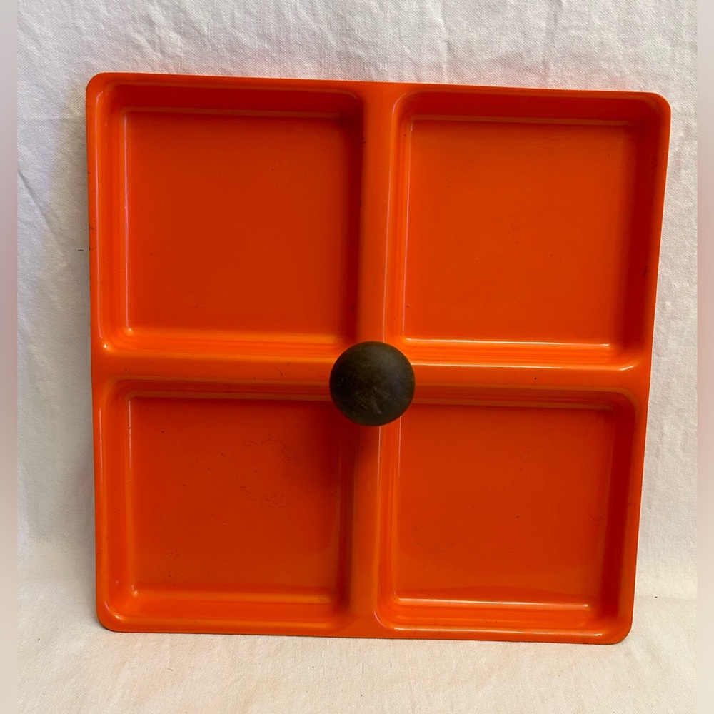 Vintage Mid Century Orange Snack Tray with Wooden Handle.